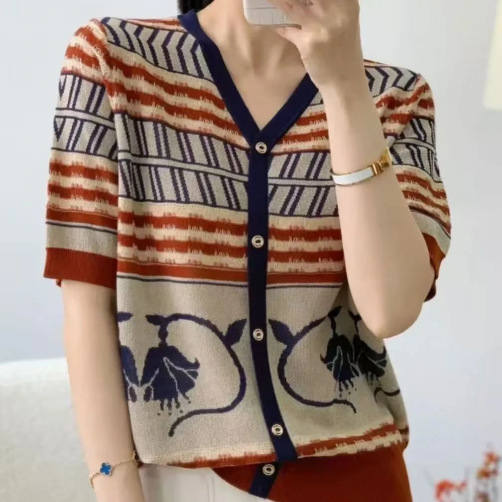 莱赛尔天丝2025复古夏季新款高级感气质短袖宽松休闲百搭显瘦拼色