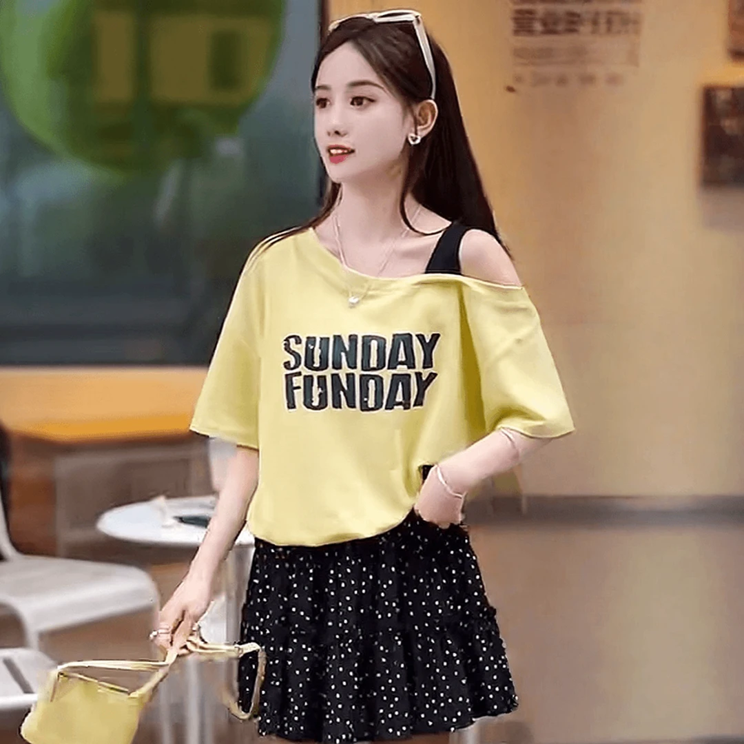 超火减龄斜肩吊带短袖女t恤2025新款爆款夏季设计感独特漂亮上衣