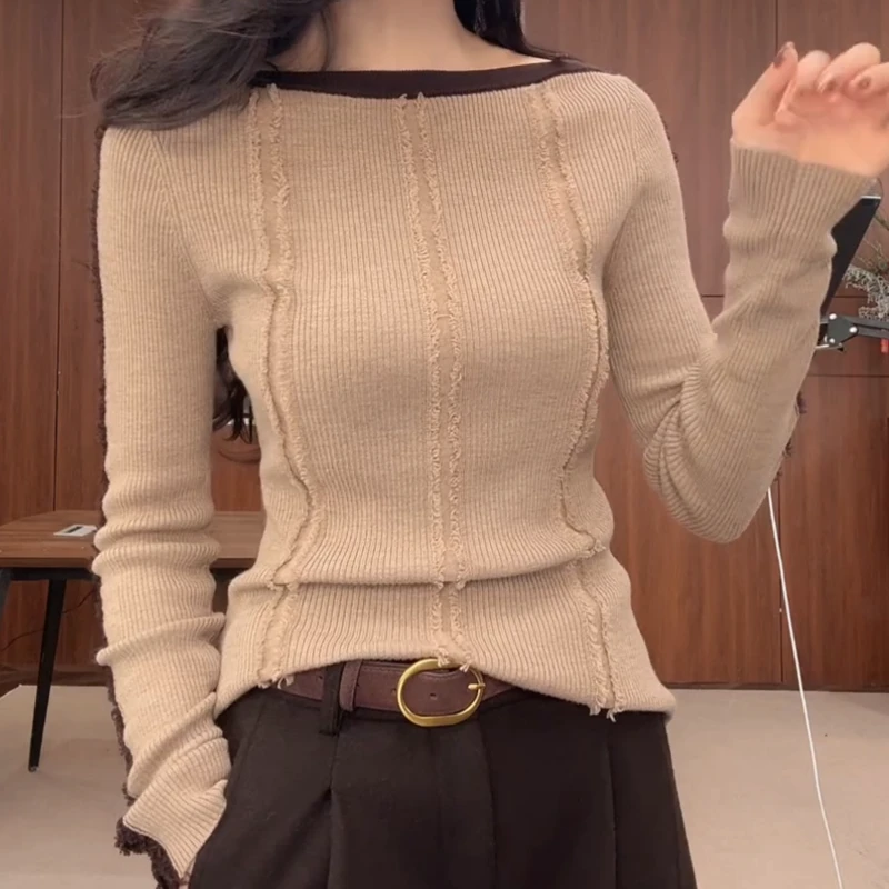 【经典撞色】2026冬季新款针织衫拼接撞色一字肩上衣LK2509157