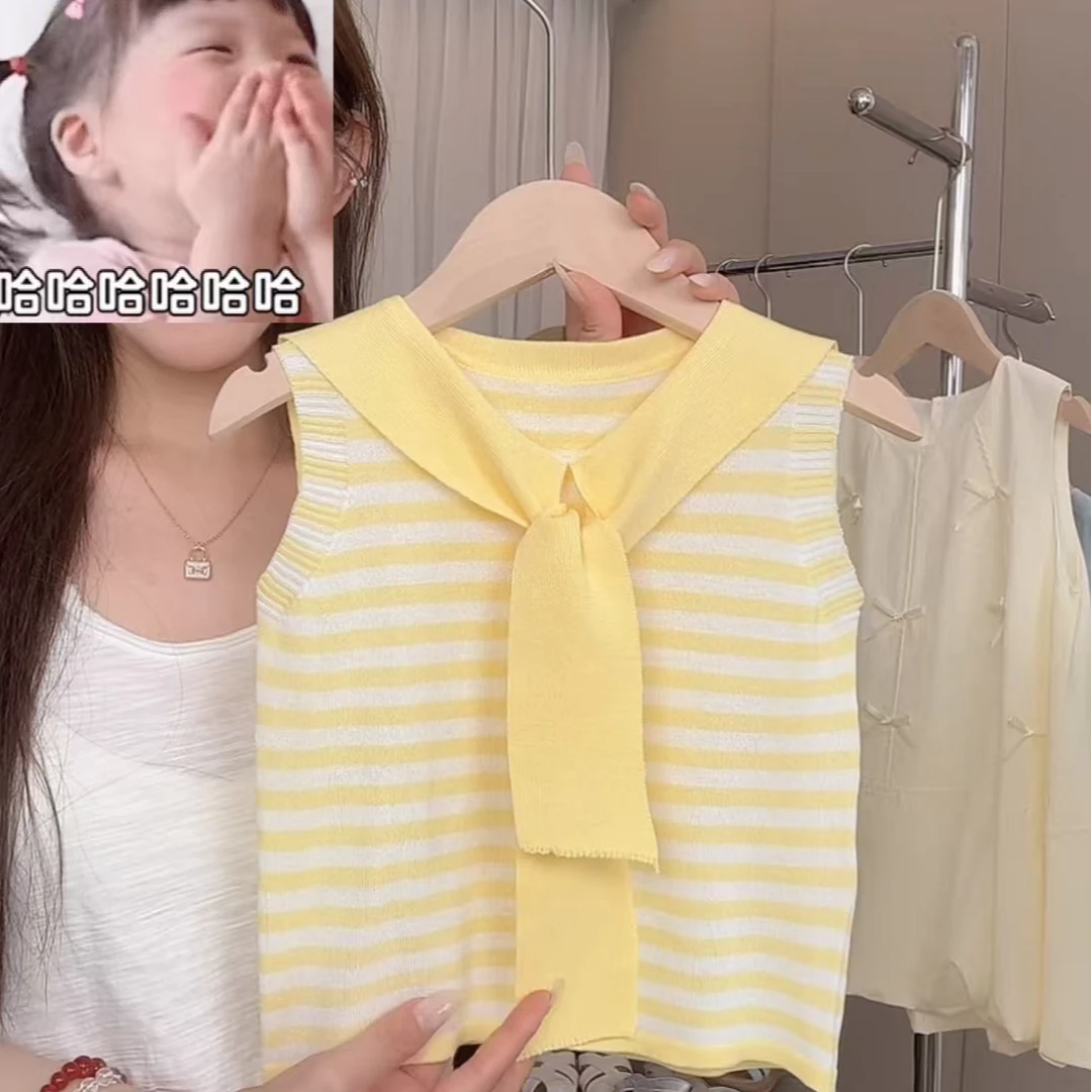 宝宝背心儿童撞色条纹针织无袖披肩背心韩版百搭上衣短袖T恤