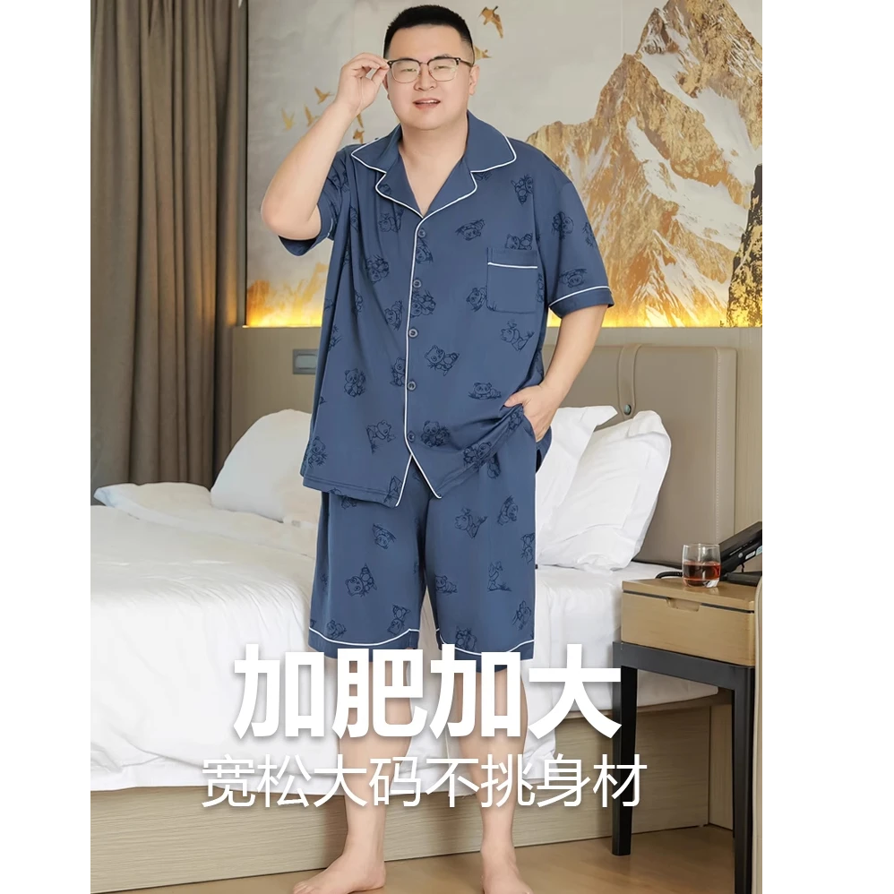 加肥加大码男士睡衣纯棉短袖薄款夏季卡通青少年可外穿家居服套装