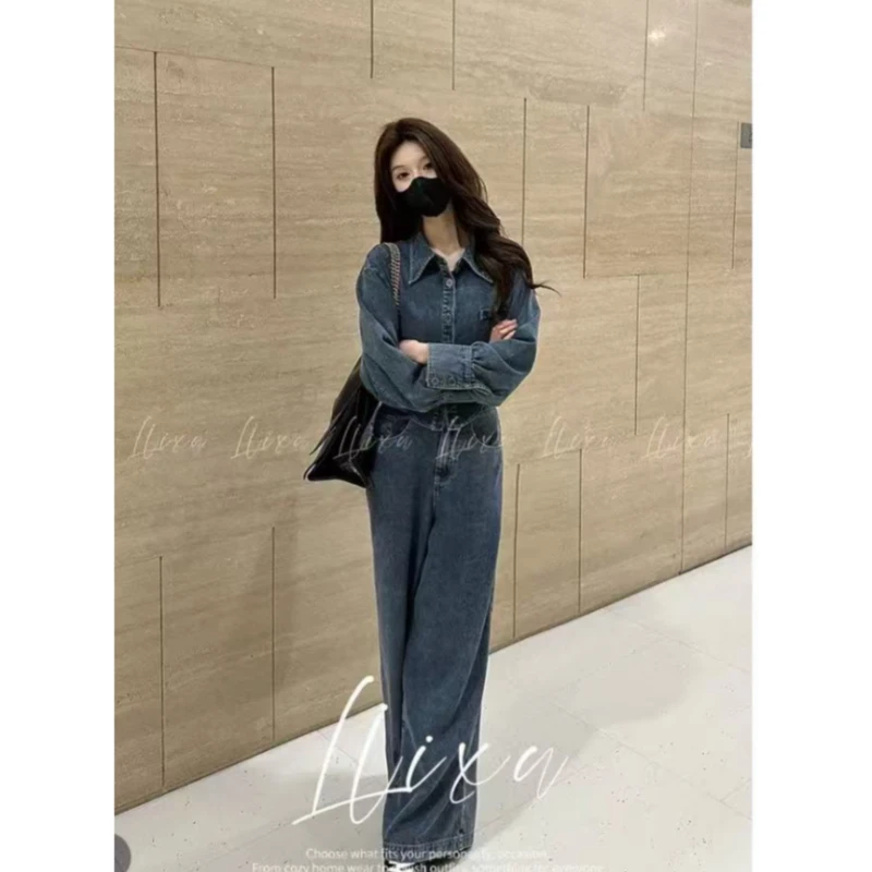 港风复古牛仔套装女春季高级感气质阔腿裤两件套长袖