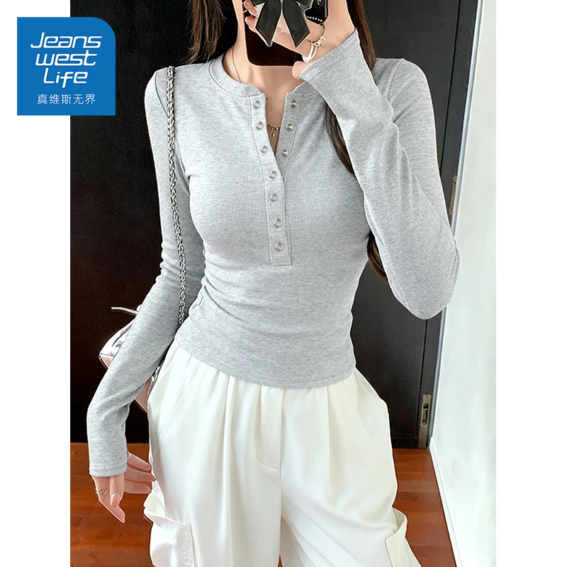 真维斯无界春秋开领罗纹打底衫甜酷风拼接设计感内搭衫长袖显瘦女
