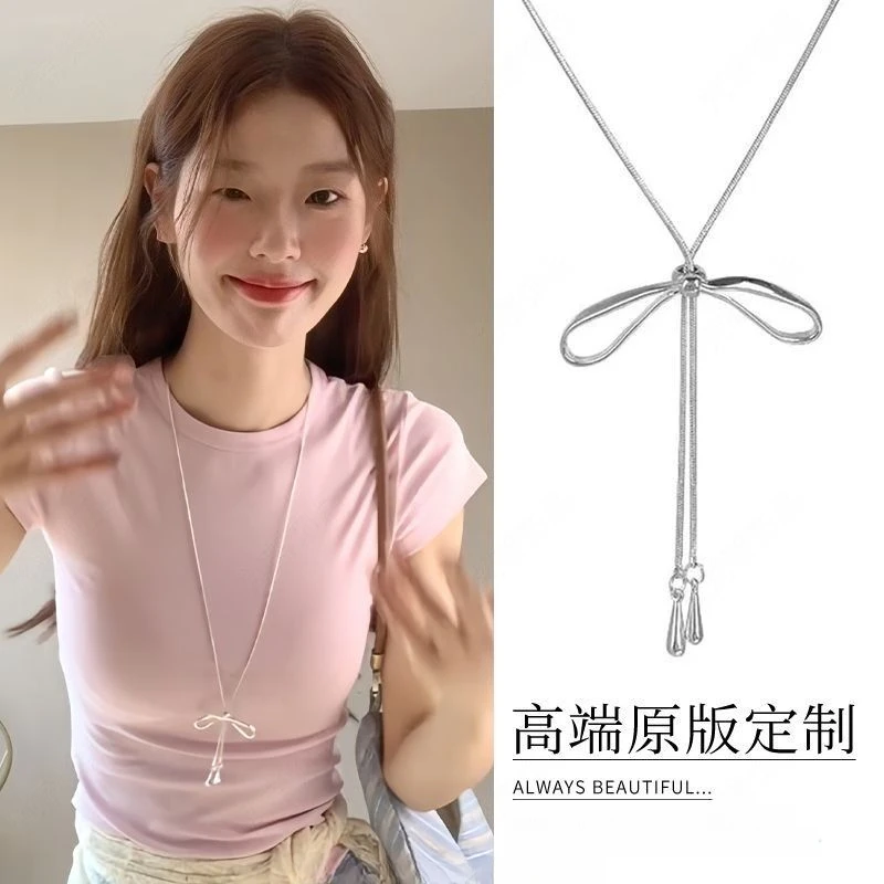铜合金亚克力项链 甜美简约抽拉蝴蝶结项链女韩系小众设计长配饰