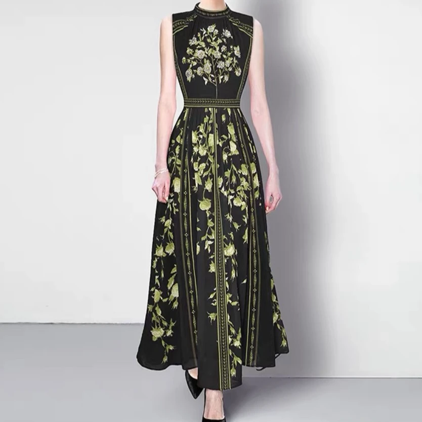 立领宫廷风高级感气质印花大摆裙