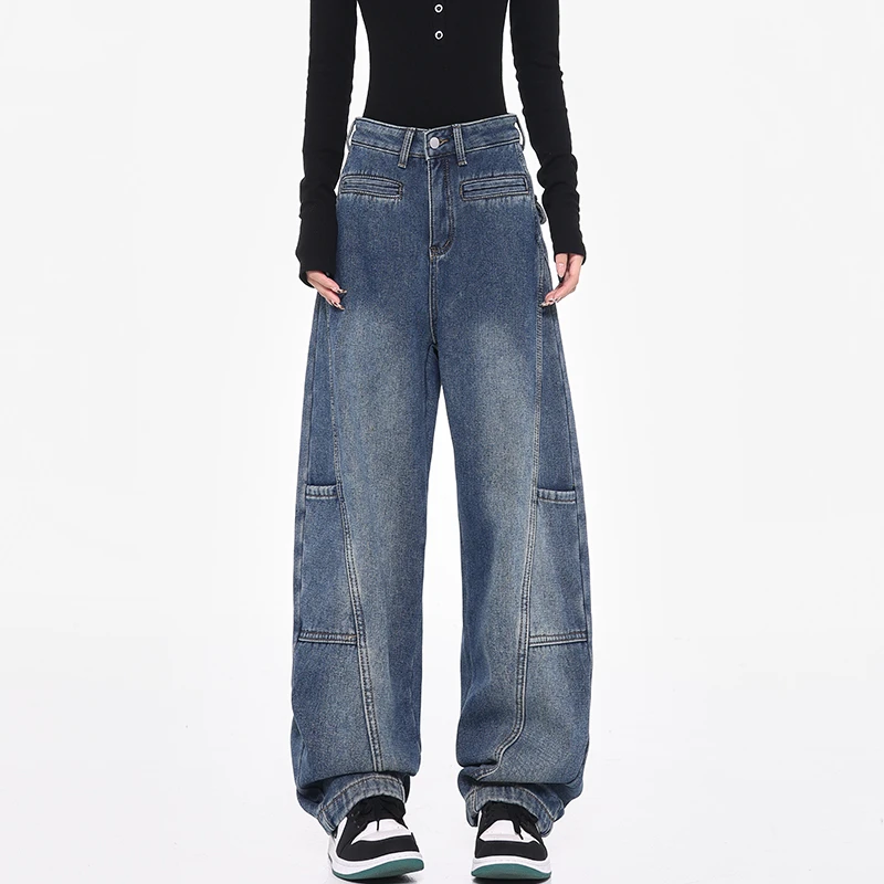 KEN STUDIO夏季新款复古弯刀牛仔裤宽松显瘦洗水渐变女阔腿裤裤子