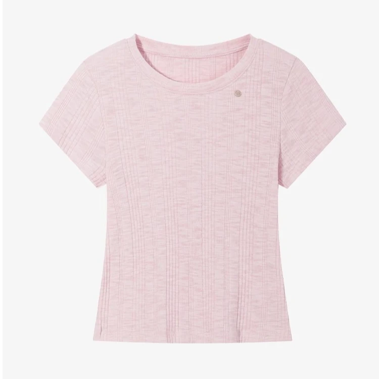 羊城故事-简约百搭小银标修身圆领长袖上衣纯色坑条T恤3193