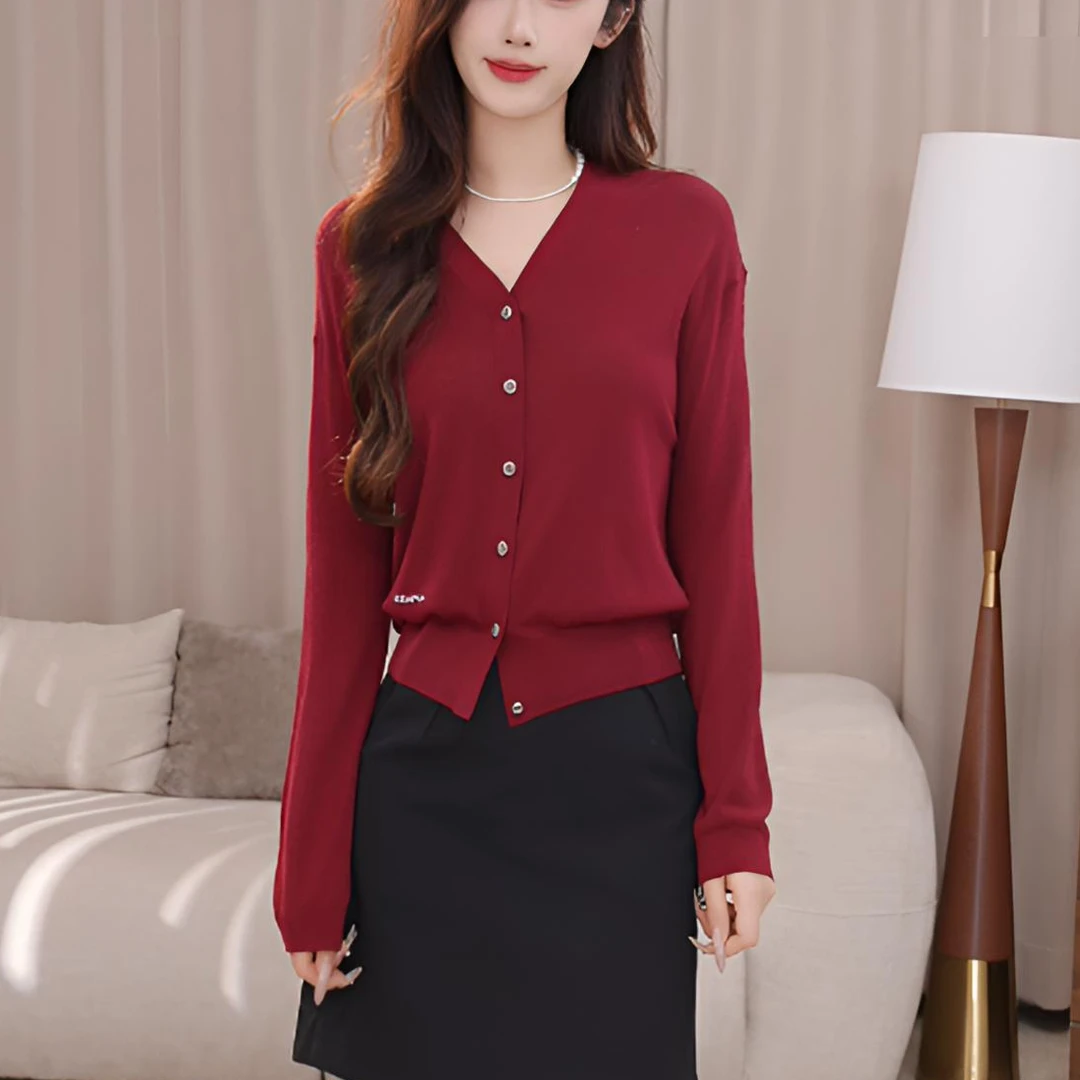 AMASS/阿玛施25年新款复古型长袖v领气质548028红色开衫