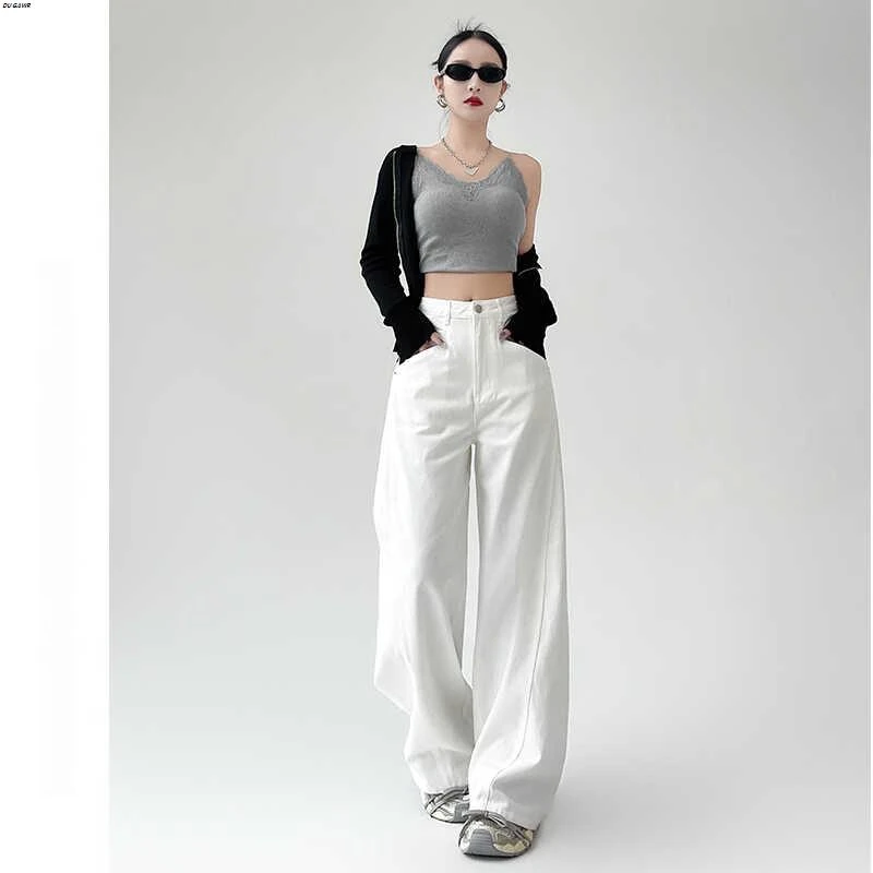 白色阔腿牛仔裤女秋季新款高腰小个子宽松显瘦垂感直筒休闲拖地裤
