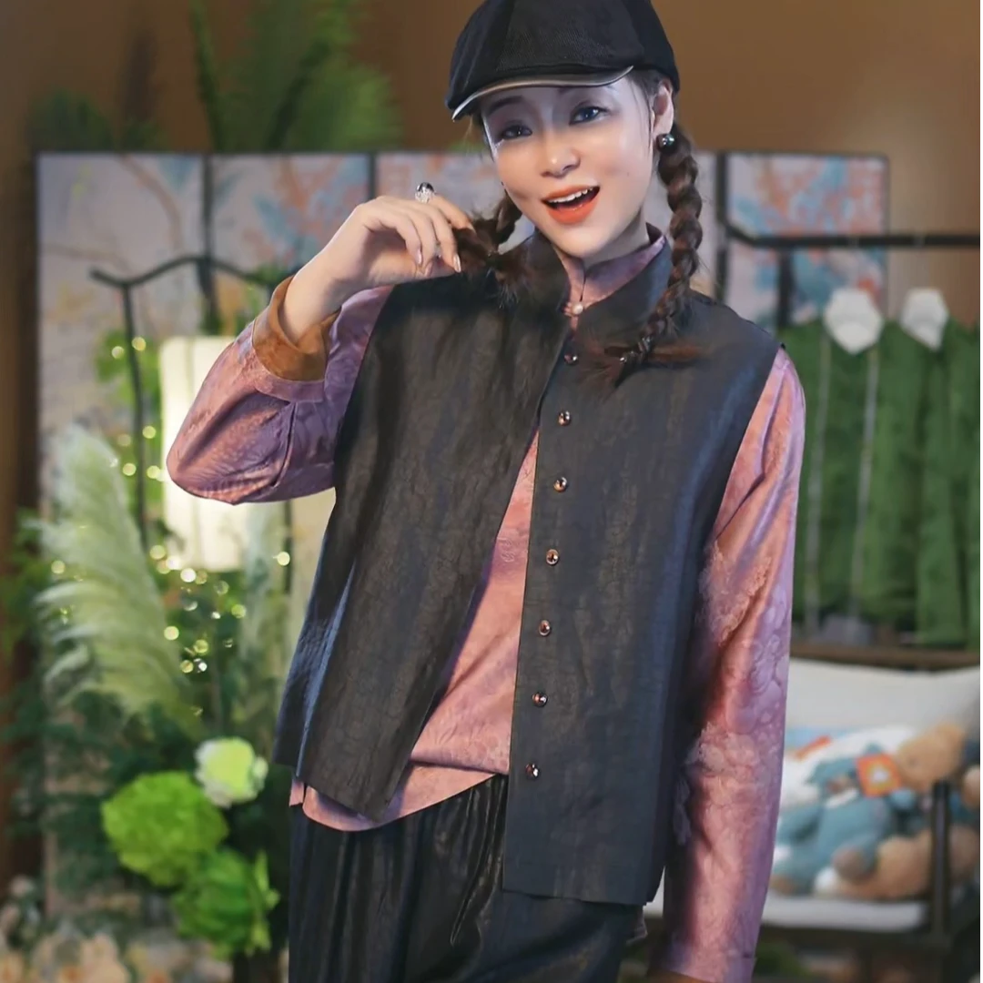 杯子家《龟裂纹马甲》桑蚕丝香云纱老钱风高品质背心上衣无袖立领女