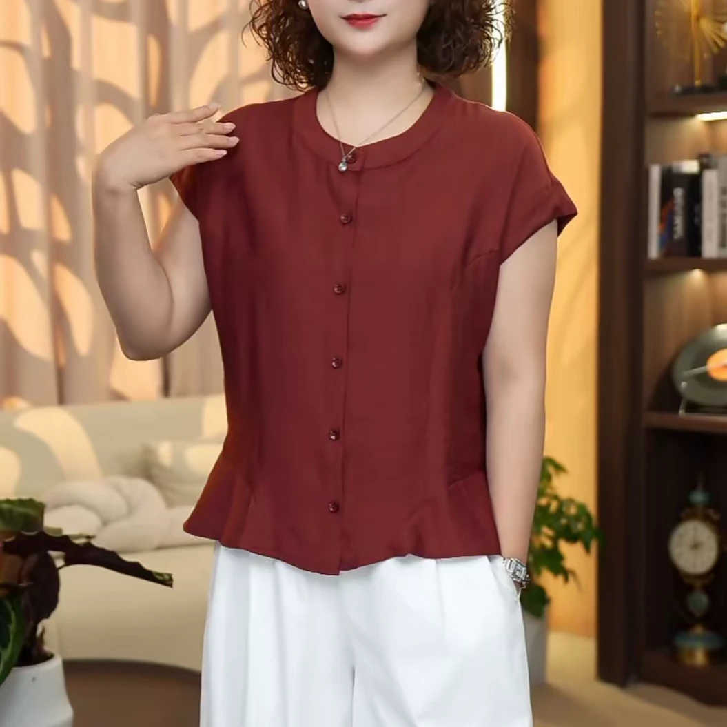 夏季新款时尚洋气圆领短袖法式纯色减龄休闲百搭气质显瘦优雅上衣