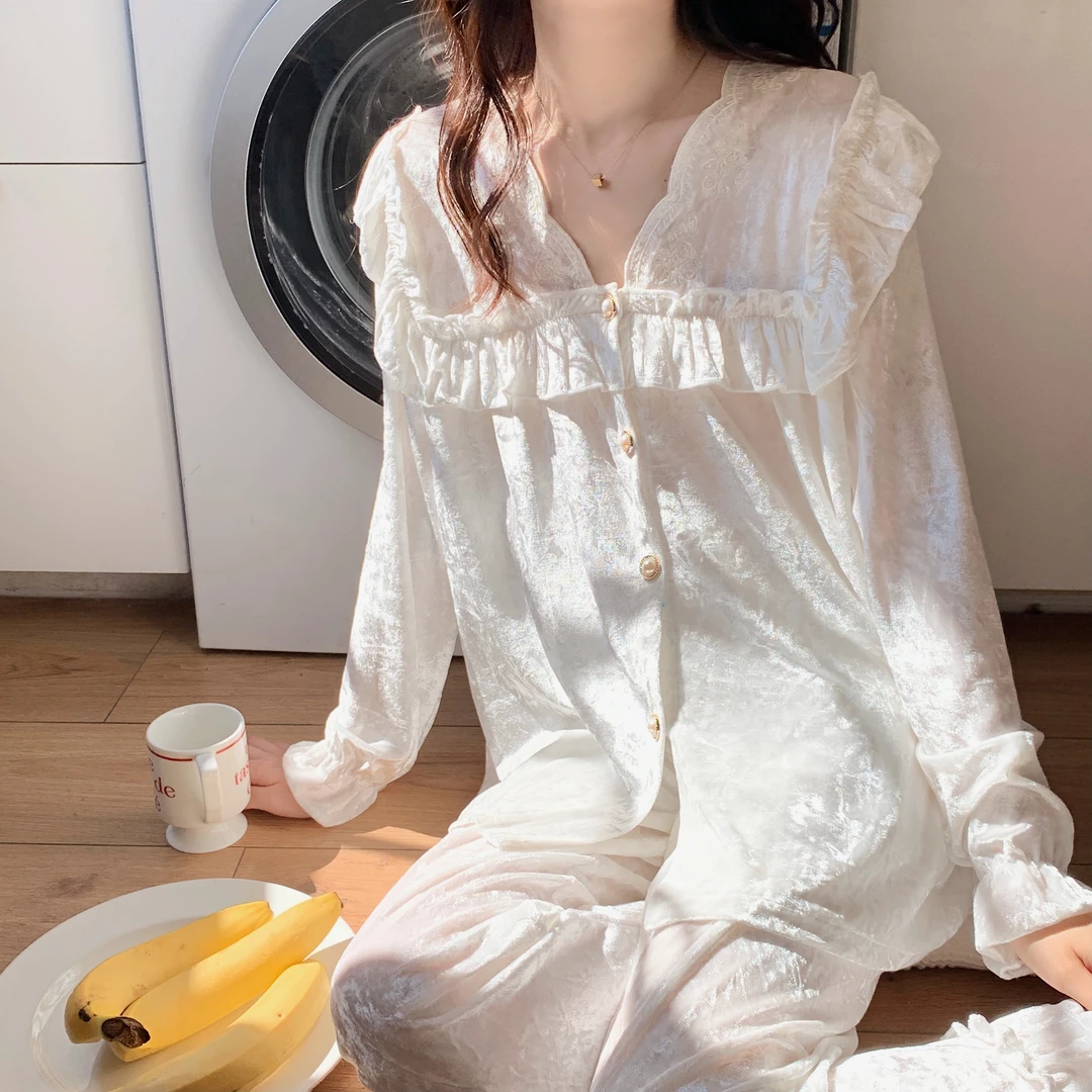 金丝绒睡衣女春秋高级感长袖韩版甜美可外穿家居服套装