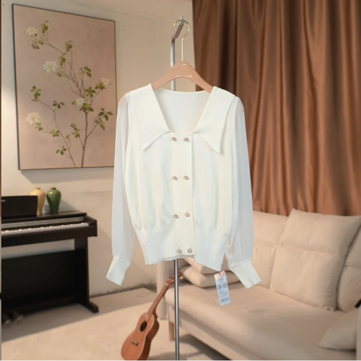 G482 早春款双排钉珠网纱拼接套头针织衫女 3T31-1