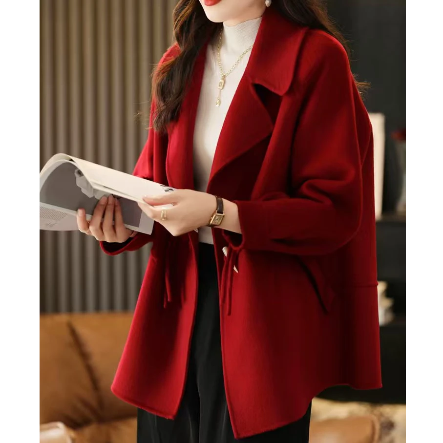 春季新款女装纯色双面羊毛呢大衣短款牛角扣宽松款外套女款上衣