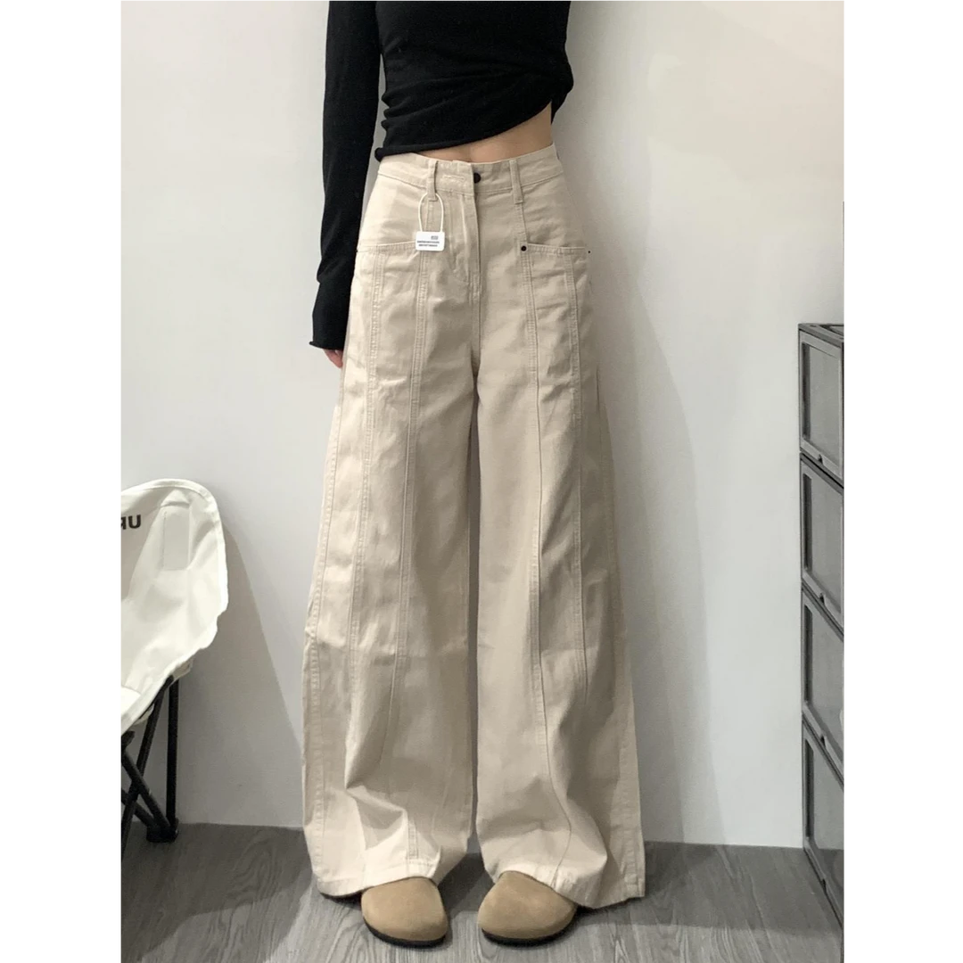 秋季米杏色复古美式工装牛仔裤女新款高腰宽松显瘦直筒阔腿长裤潮