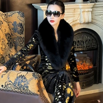 LUXURYMEMO【刘熊熊】超大黑色保暖青果领环保毛领
