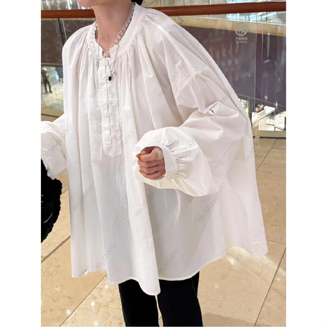 23236通勤简约圆领斗篷衬衣女气质半开领休闲套头上衣