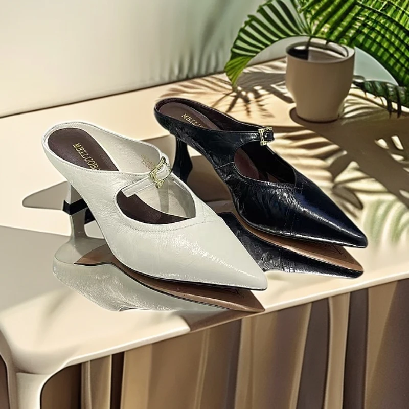 尖头百搭纯色细跟包头覆膜中跟春季包头拖方头高跟法式