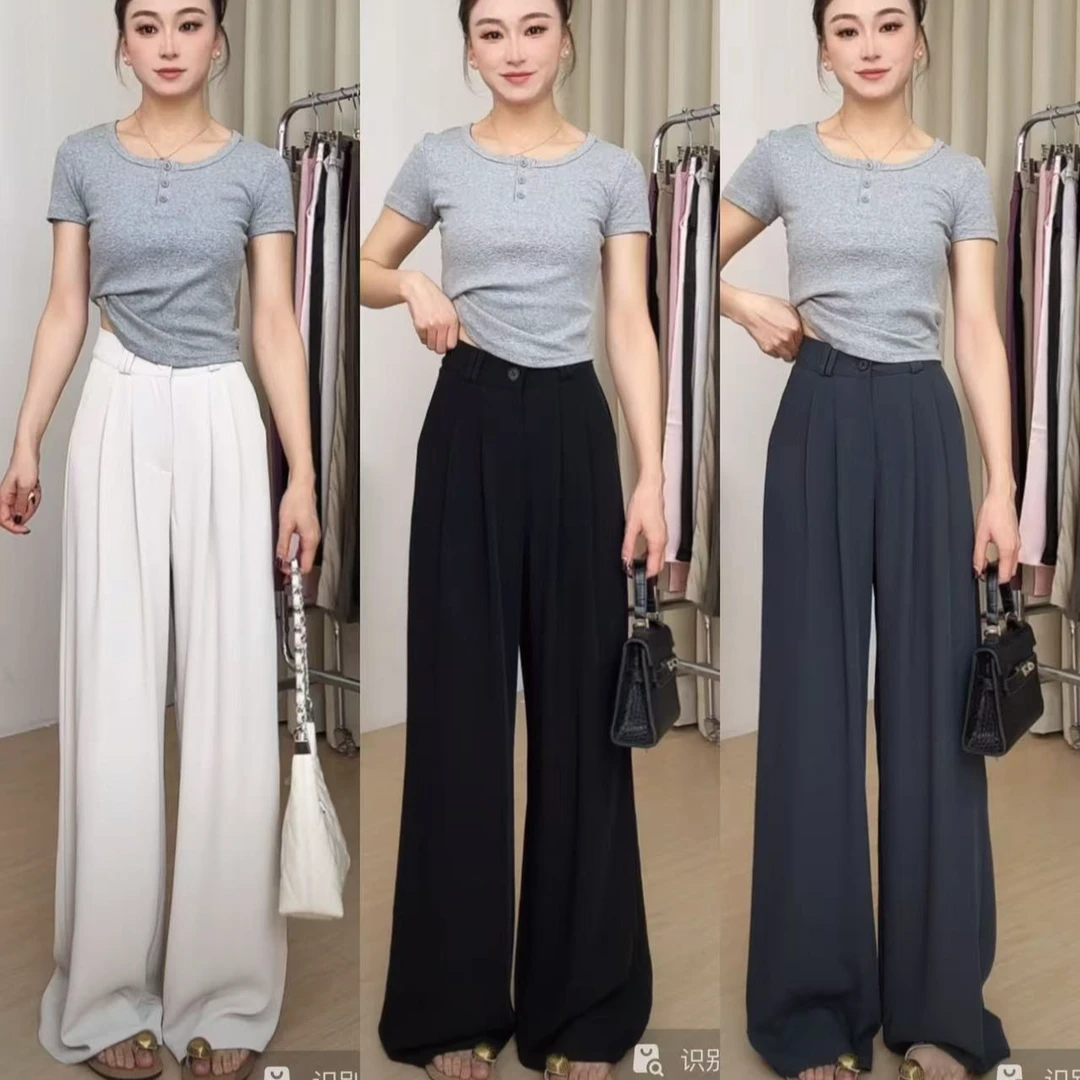 （送丝巾）2025夏冰丝西装阔腿裤女夏季轻奢垂感休闲直筒裤气质超垂