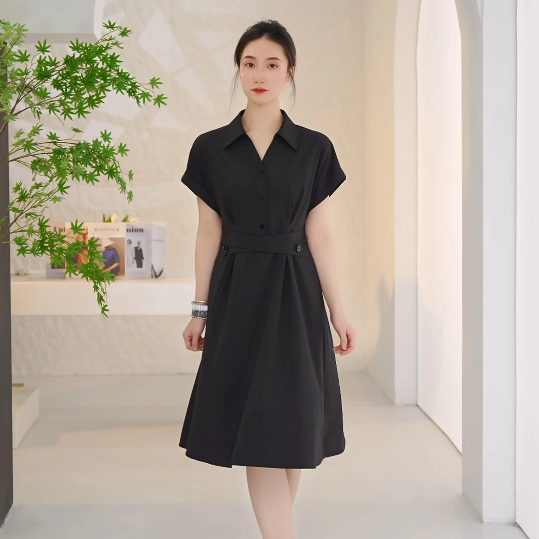 【黑珍珠-知向】爱居兔夏季显瘦遮肉短袖连衣裙小黑裙EQLBJ2Q729A
