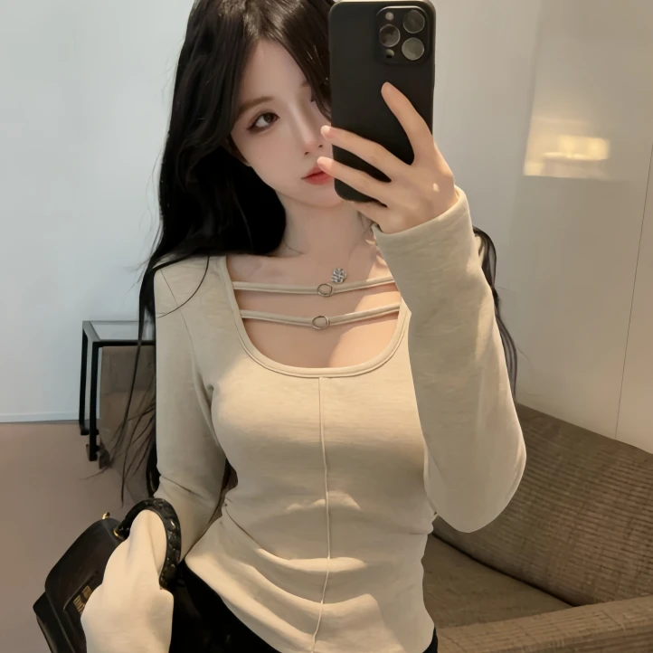 2025加绒纯欲风气质百搭T恤长袖修身内搭领口织带打底衫女0070