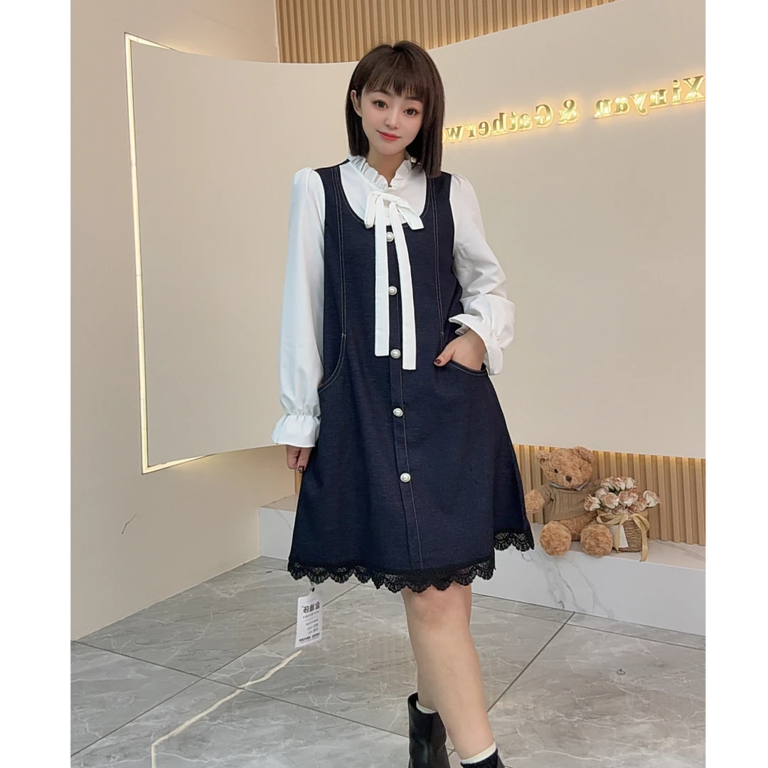 【鑫焱甄选】背带裙不褪色连衣裙时尚秋季套头款设计感长袖拼接