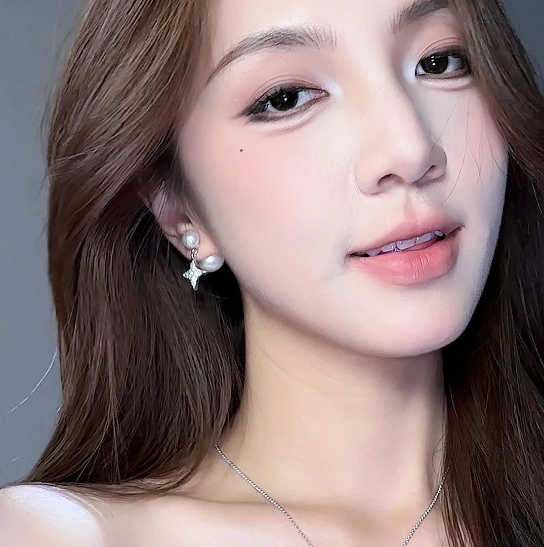 铜合金锆石耳饰 大小珍珠锆石芒星耳环女小众设计感时尚简约气质