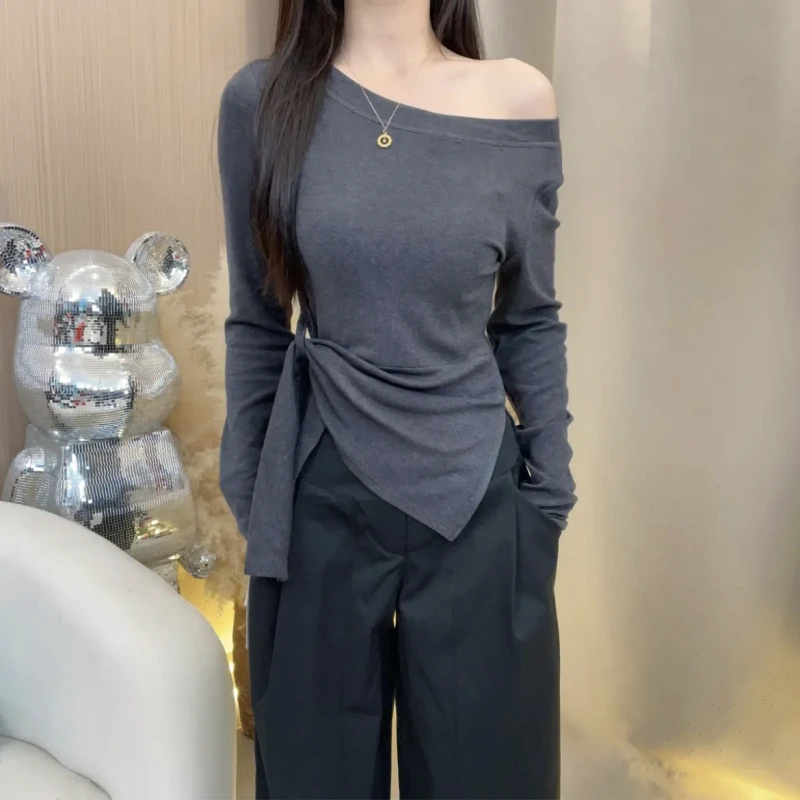 【运补6-8】斜肩一字领长袖T恤女设计感小众不规则条纹打底衫上衣