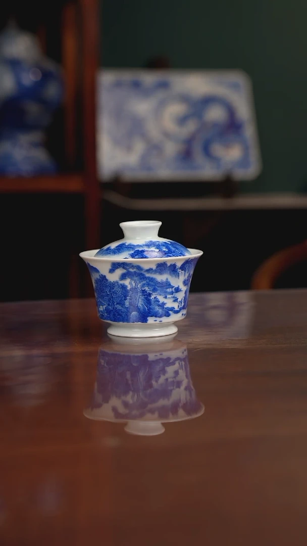 晓月柴窑 山水盖碗