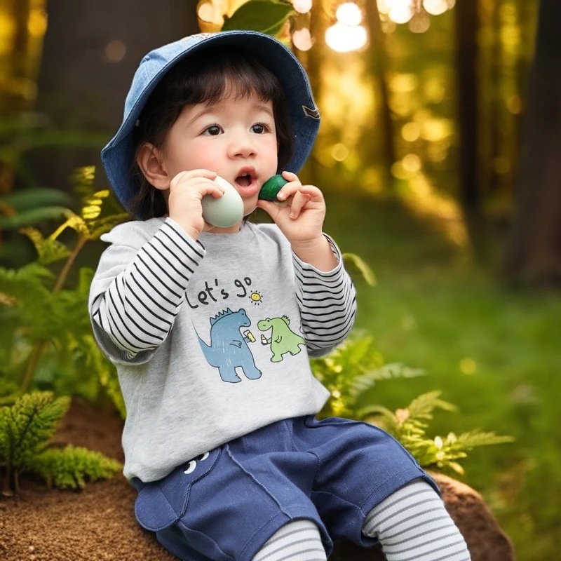 折扣男童长袖t恤宝宝上衣婴儿假两件2025新款春装女童打底衫纯棉