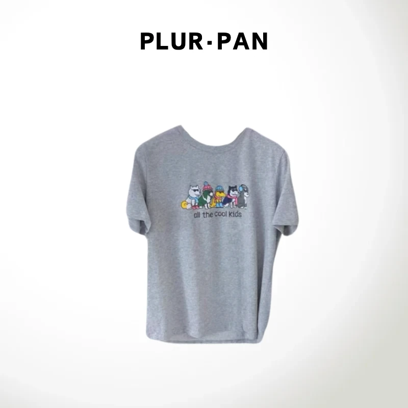 PLUR·PAN卡通小狗正肩圆领短袖T恤