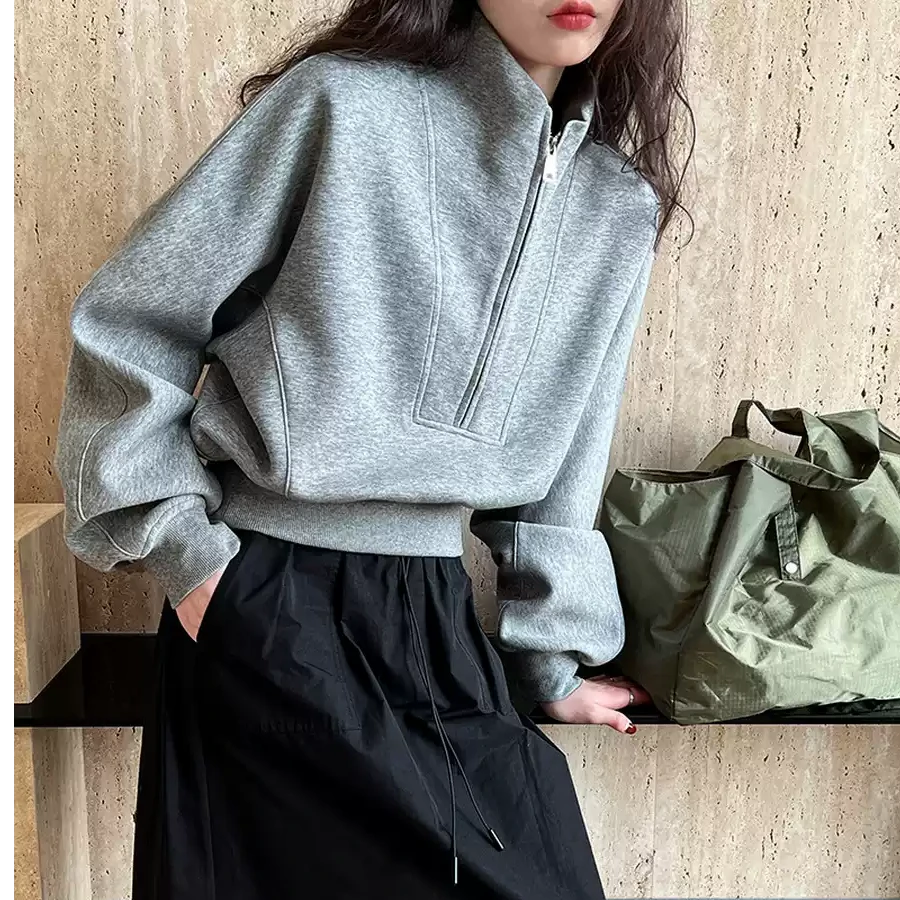 【华棉双面】秋冬新款宽松显瘦短款立领半拉链女士高领卫衣小个子
