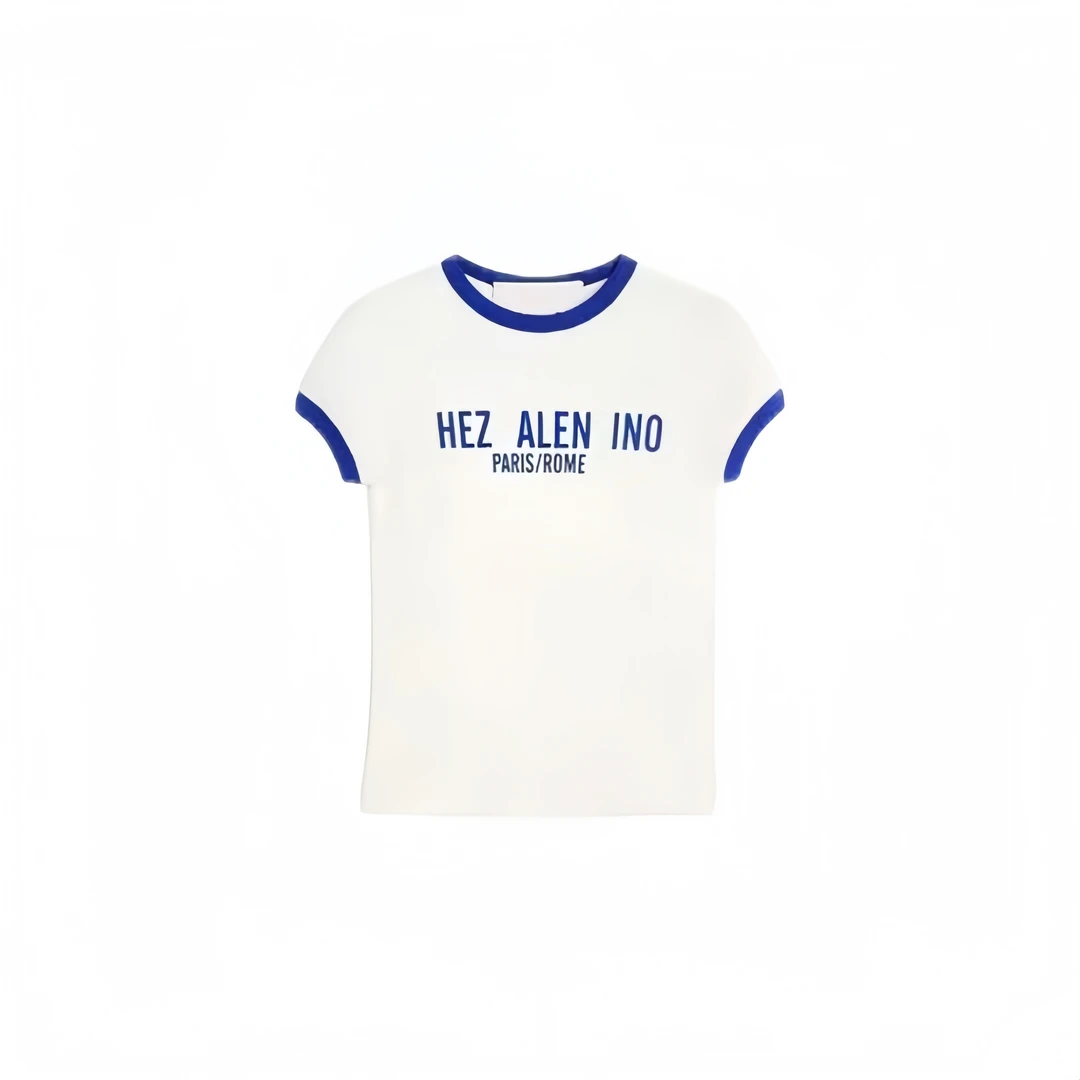 2025夏款白色字母拼色螺纹短袖休闲T恤-877