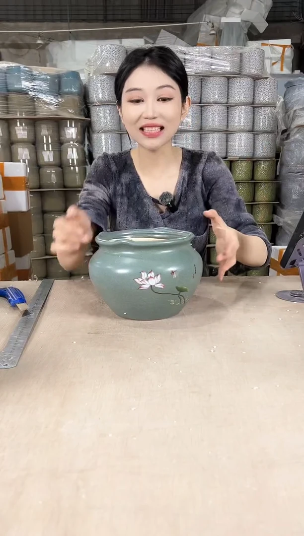 【闪购商品】陶瓷荷口深绿荷花大号19x15