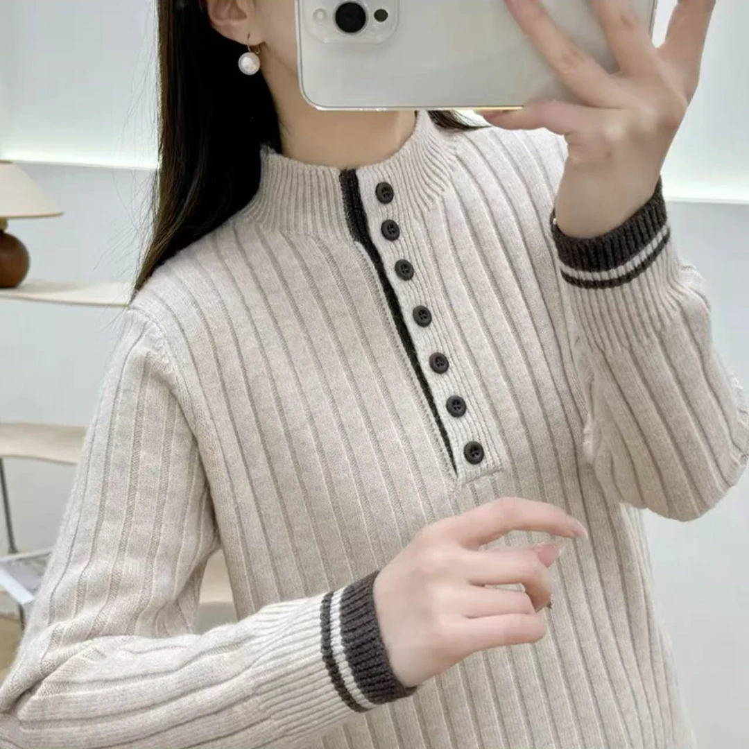287#拼色半高领毛衣女士套头纽扣针织衫
