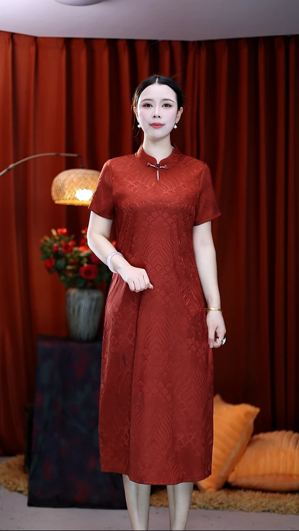 【红祥云】X651夏季直筒新款时尚气质显瘦中长款连衣裙