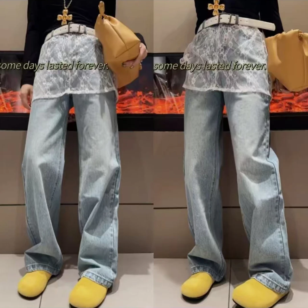 11717假两件蕾丝拼接牛仔裤（裤长103-4cm）