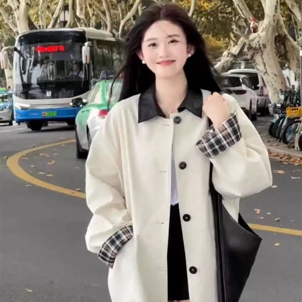 英伦风撞色复古米白风衣2025春秋新款欧货高级感小众设计女装外套