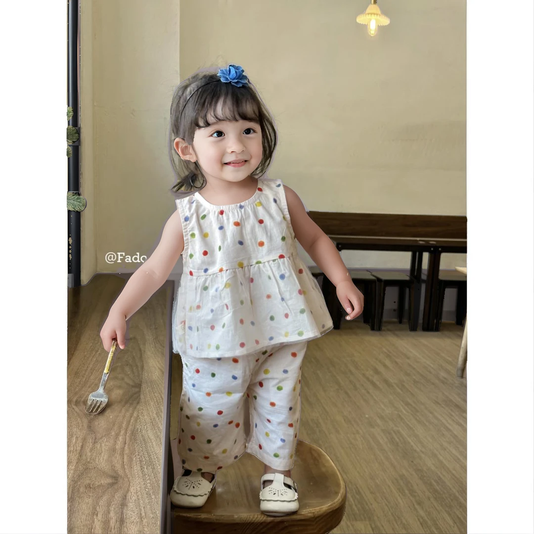 MK&UR.BV小童超萌波点套装一岁外穿薄款印花娃娃衫网红宝夏装夏款