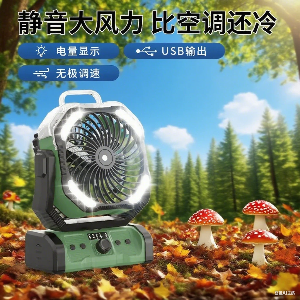 新款充电露营风扇长续航大风力喷雾户外降温神器钓鱼照明小帐篷灯