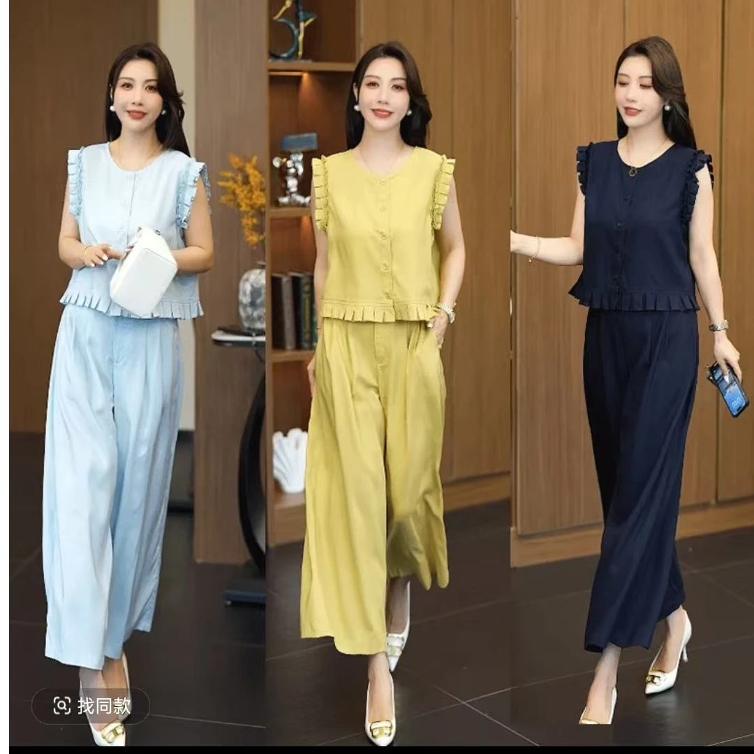 2025夏季新款木耳边无袖上衣阔腿裤两件套时尚洋气显瘦套装