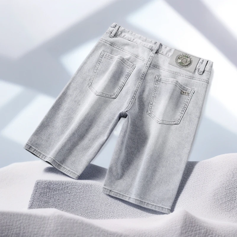 宾斯洛特浅灰色牛仔短裤男简约水洗夏季薄款五分中裤男装修身弹力