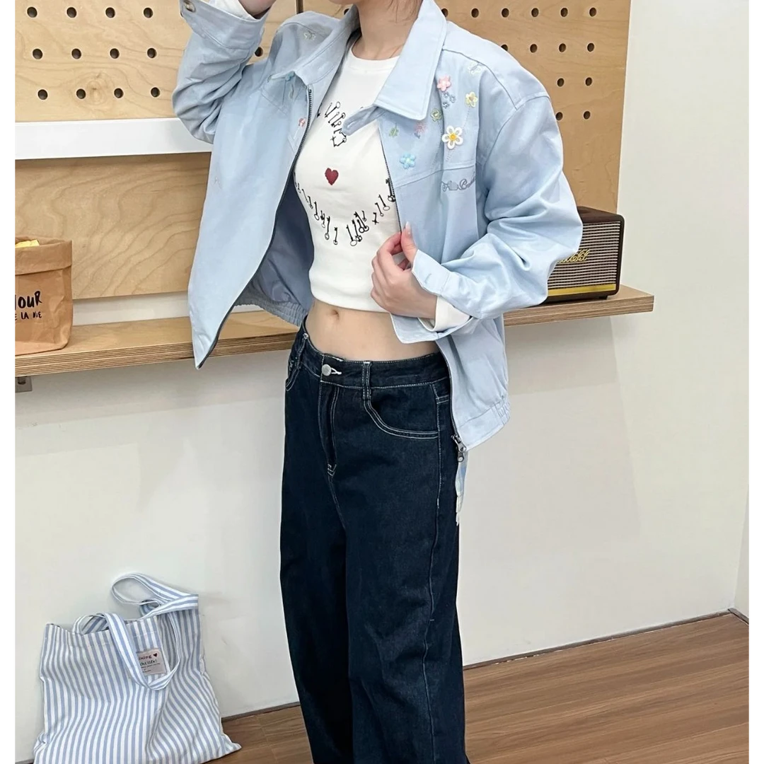 早秋蓝色短款外套女2025秋冬新款设计感小众时尚刺绣翻领夹克上衣