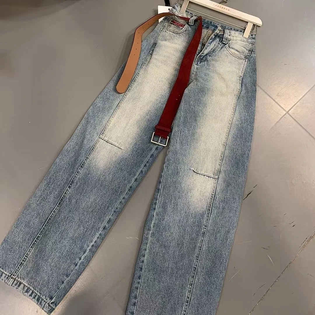 【文乐乐】春季新款重工洗水磨白时尚休闲潮流牛仔裤弯刀裤89670