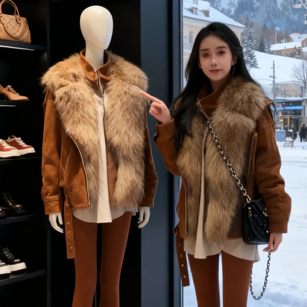 美拉德派克服女冬季2025新款重工拼接环保毛宽松遮肉时髦加棉外套