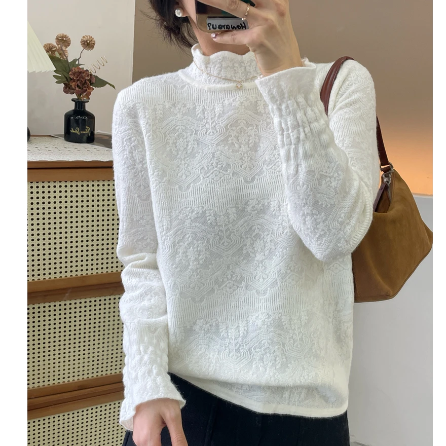 韩系花苞袖温柔波浪加厚立体钩花纯色宽松别致半高领蕾丝打底衫