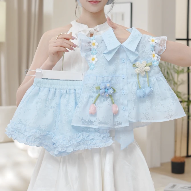 【宠粉款】2025夏季新款高级感蓝花朵女童无袖上衣短裤套装SA30117