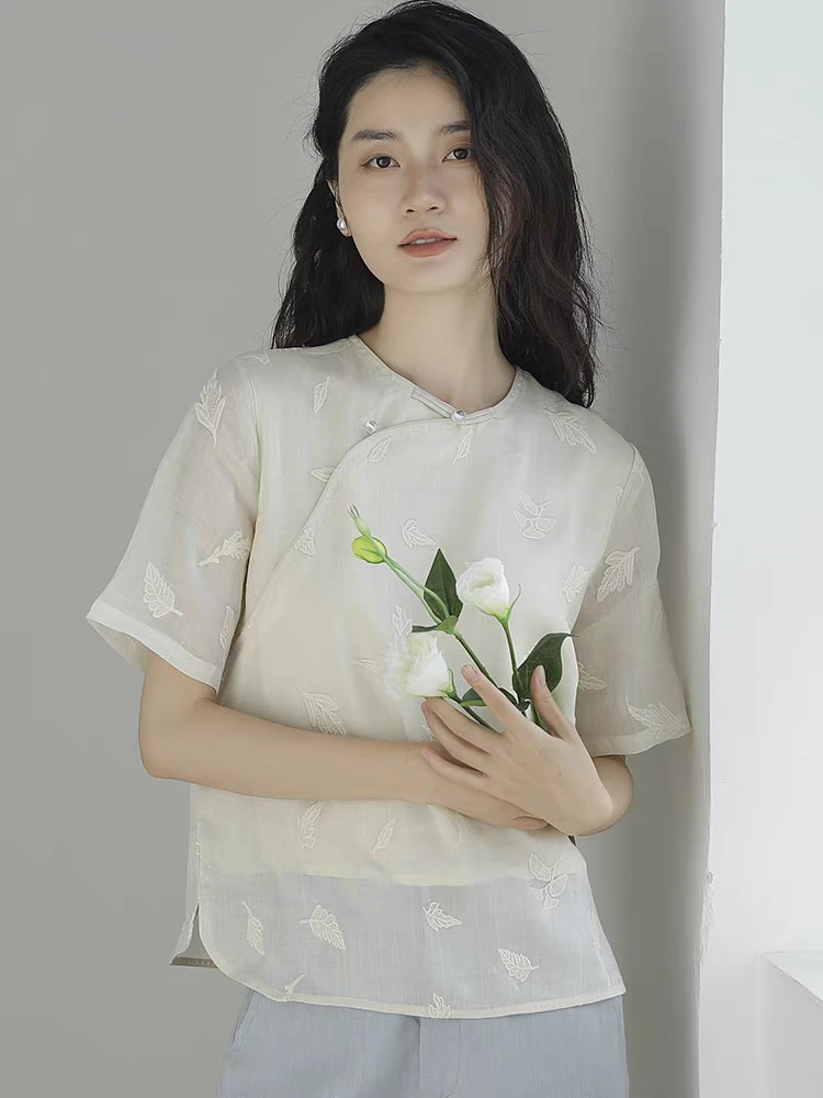 25新款100苎麻新中式斜襟盘扣立领短袖上衣文艺复古宽松刺绣衬衫