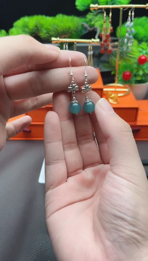 石英质玉（天山翠）银S925镶嵌耳饰237