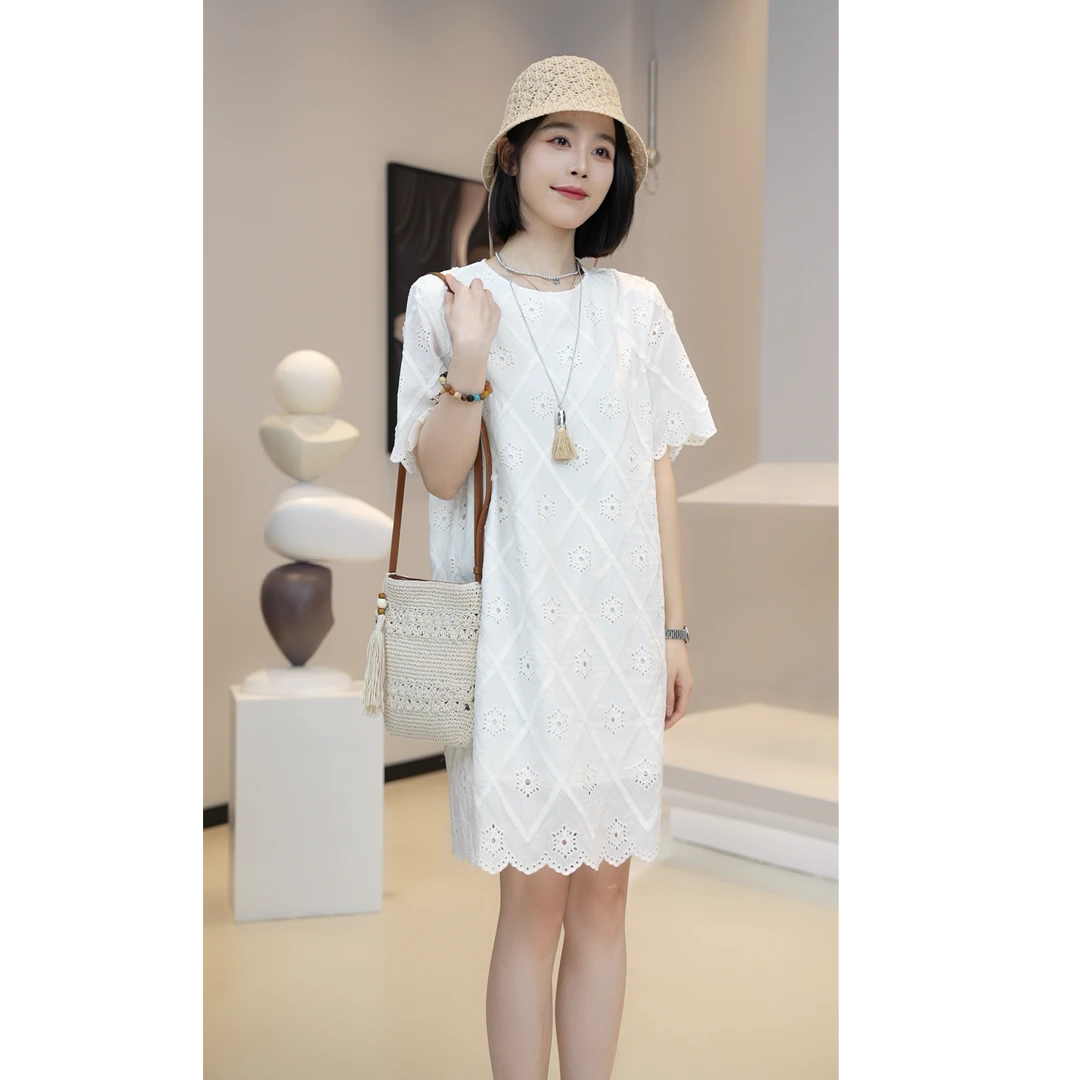 清货价【薇薇绮】夏季新款高级感镂空钩花刺绣短袖连衣裙D648